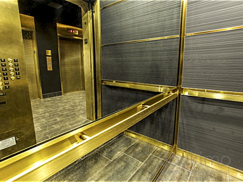 antique mirror, subway tiles, framed mirror, antique mirror elevator cab